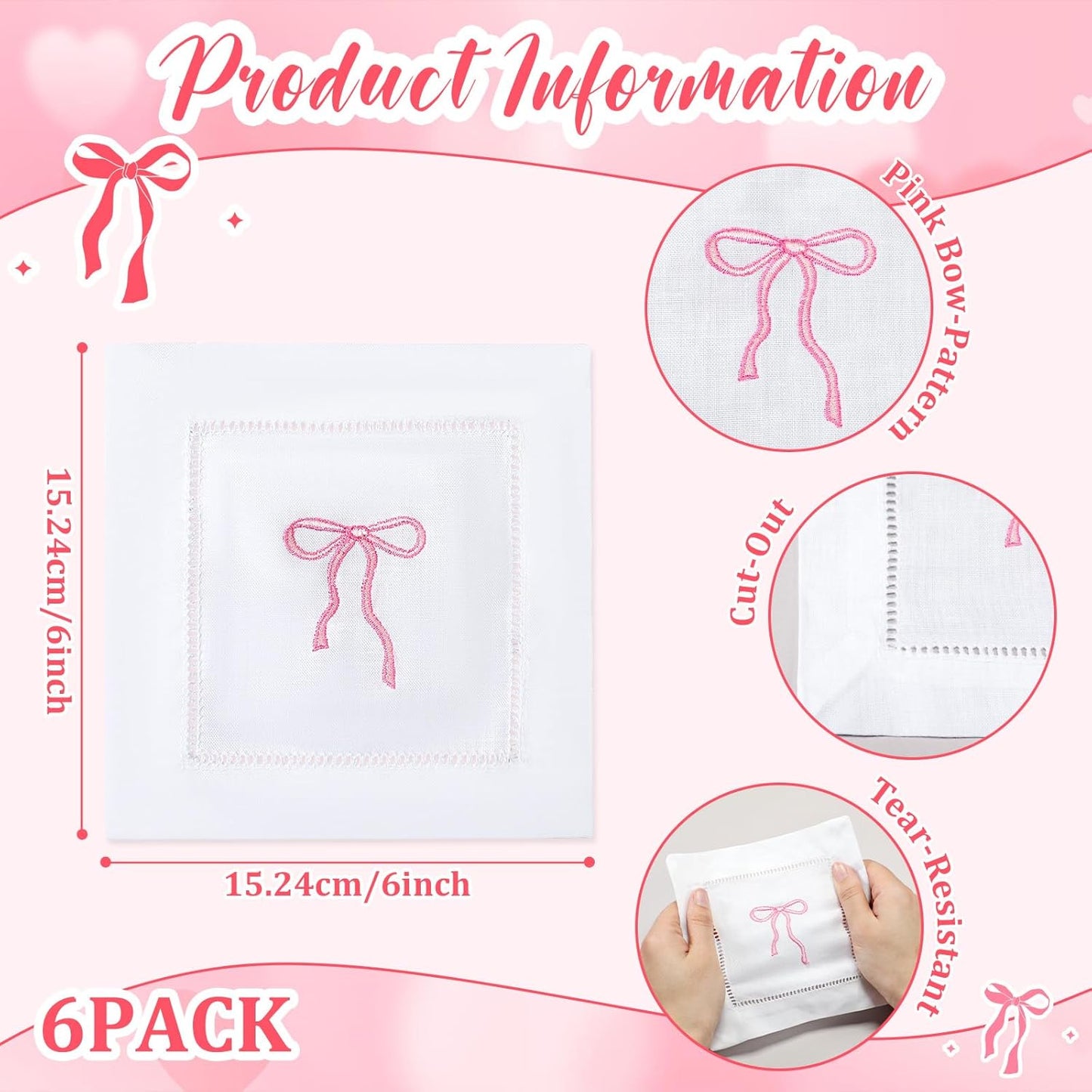 LemonRoad Embroidered White Linen Cocktail Napkin 6x6 inch Pink Bow Napkin Gift for Women Set of 6 Cloth Cocktail Washable Linen Hemstitch for Wedding,Birthday Bachelorette Pink Bow Themed Party