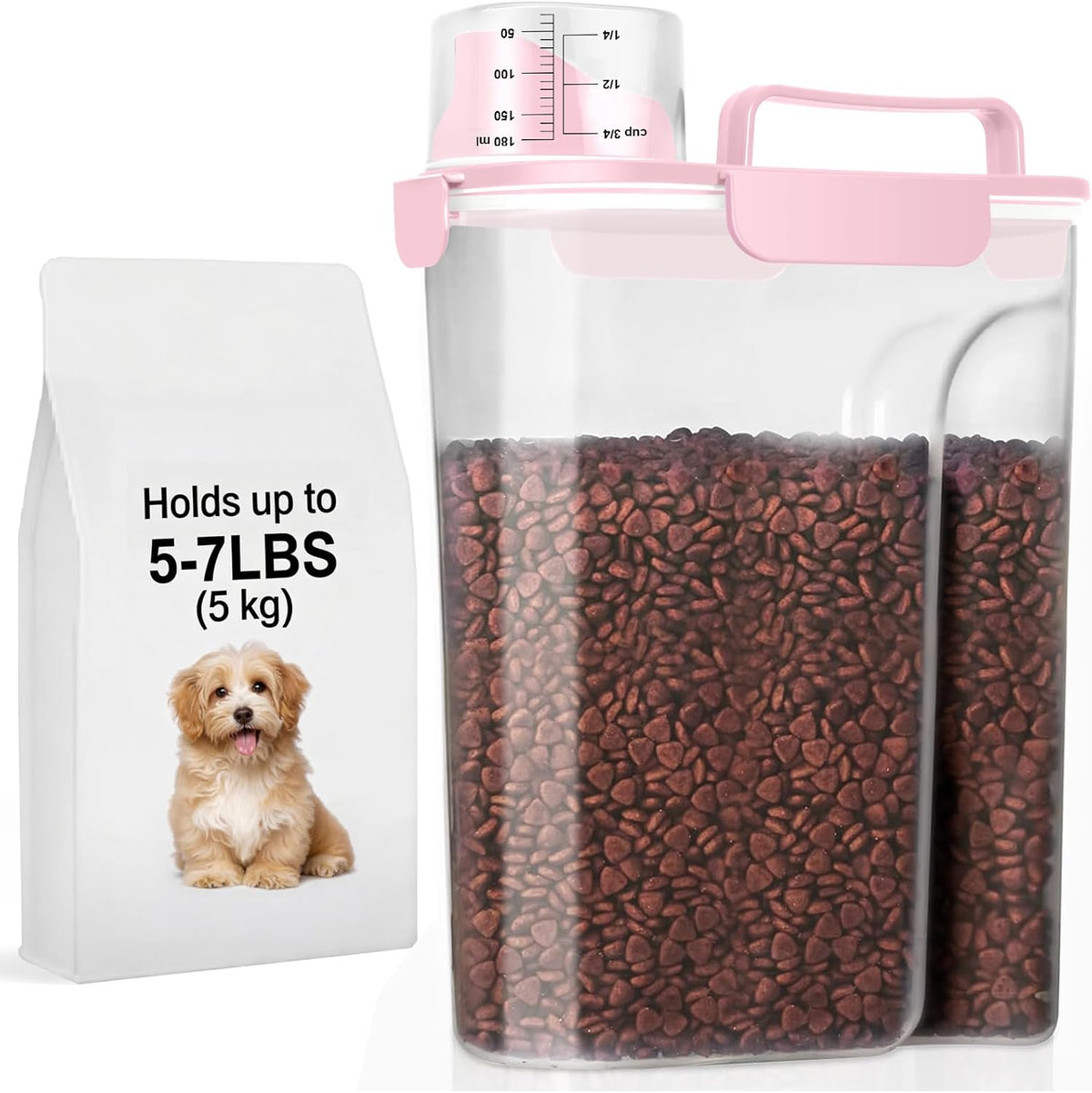 5-7Lbs/6Qt Dog Cat Storage Container Portable with Upgraded Large Spout and Cup, Plastic Pet Food Dispenser for Small Animal Kibble, Bird Seed, Oatmeal, Rice, Flour, Brown Sugart- Light Pink
