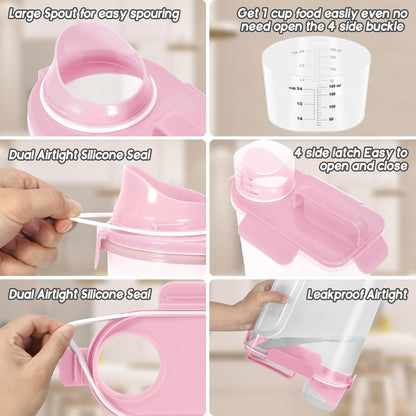 5-7Lbs/6Qt Dog Cat Storage Container Portable with Upgraded Large Spout and Cup, Plastic Pet Food Dispenser for Small Animal Kibble, Bird Seed, Oatmeal, Rice, Flour, Brown Sugart- Light Pink
