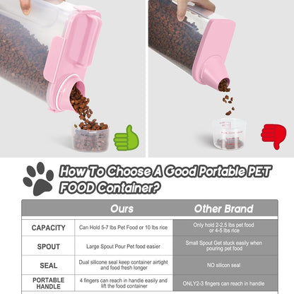 5-7Lbs/6Qt Dog Cat Storage Container Portable with Upgraded Large Spout and Cup, Plastic Pet Food Dispenser for Small Animal Kibble, Bird Seed, Oatmeal, Rice, Flour, Brown Sugart- Light Pink