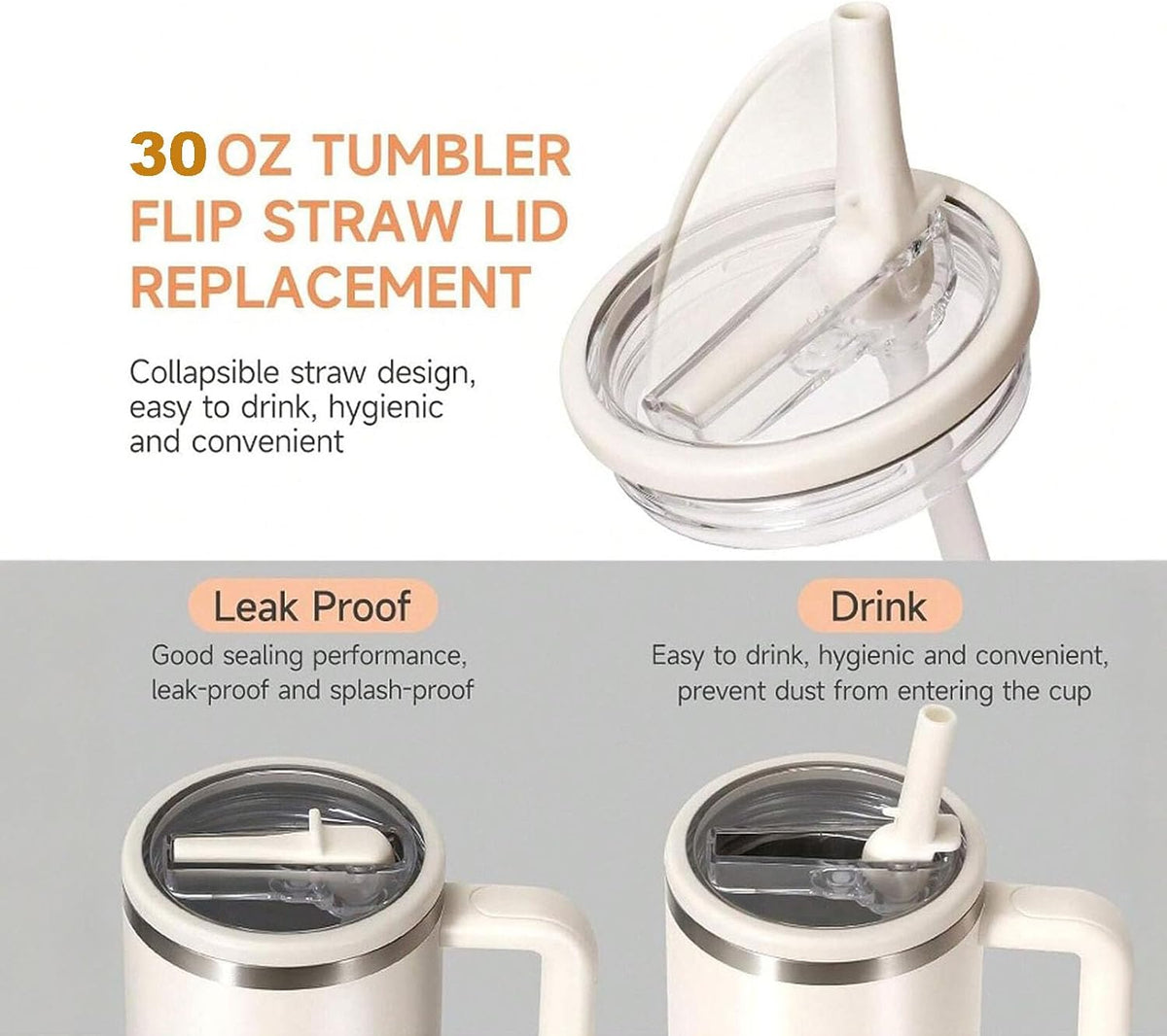 2 Pack 30 oz Tumbler Flip Straw Lid Replacement Compatible for Stanley Quencher, Leak Proof Lid Replacement for 30 OZ Stanley H2.0 FlowState Tumbler,Spill Proof Splash Reusable (Peach)