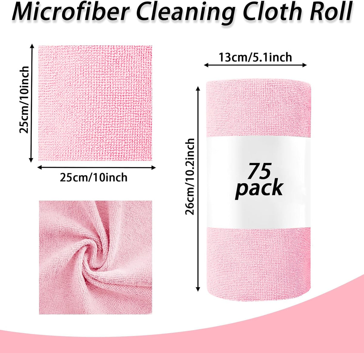 Microfiber Cleaning Cloth Roll,75 Pack Reusable Tear Away Microfiber Towels,Ultra Absorbent Dish Rags for Car,Home,Garage or Shop (Pink)