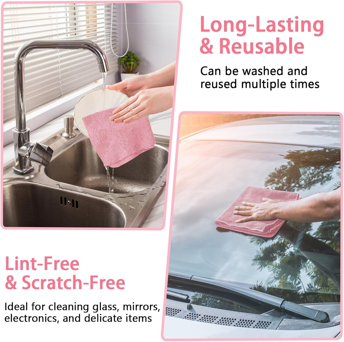 Microfiber Cleaning Cloth Roll,75 Pack Reusable Tear Away Microfiber Towels,Ultra Absorbent Dish Rags for Car,Home,Garage or Shop (Pink)