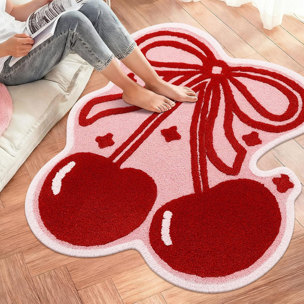 Bow and Cherry Bathroom Rug Bathroom Decor 40 x 34'' Cute Fruit Shaped Pink Bath Rug Soft Non Slip Absorbent Machine Washable Bath Mat for College Student Dorm Bedroom Living Room Home Decor