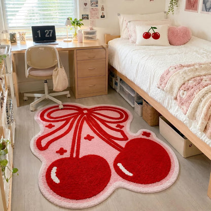 Bow and Cherry Bathroom Rug Bathroom Decor 40 x 34'' Cute Fruit Shaped Pink Bath Rug Soft Non Slip Absorbent Machine Washable Bath Mat for College Student Dorm Bedroom Living Room Home Decor