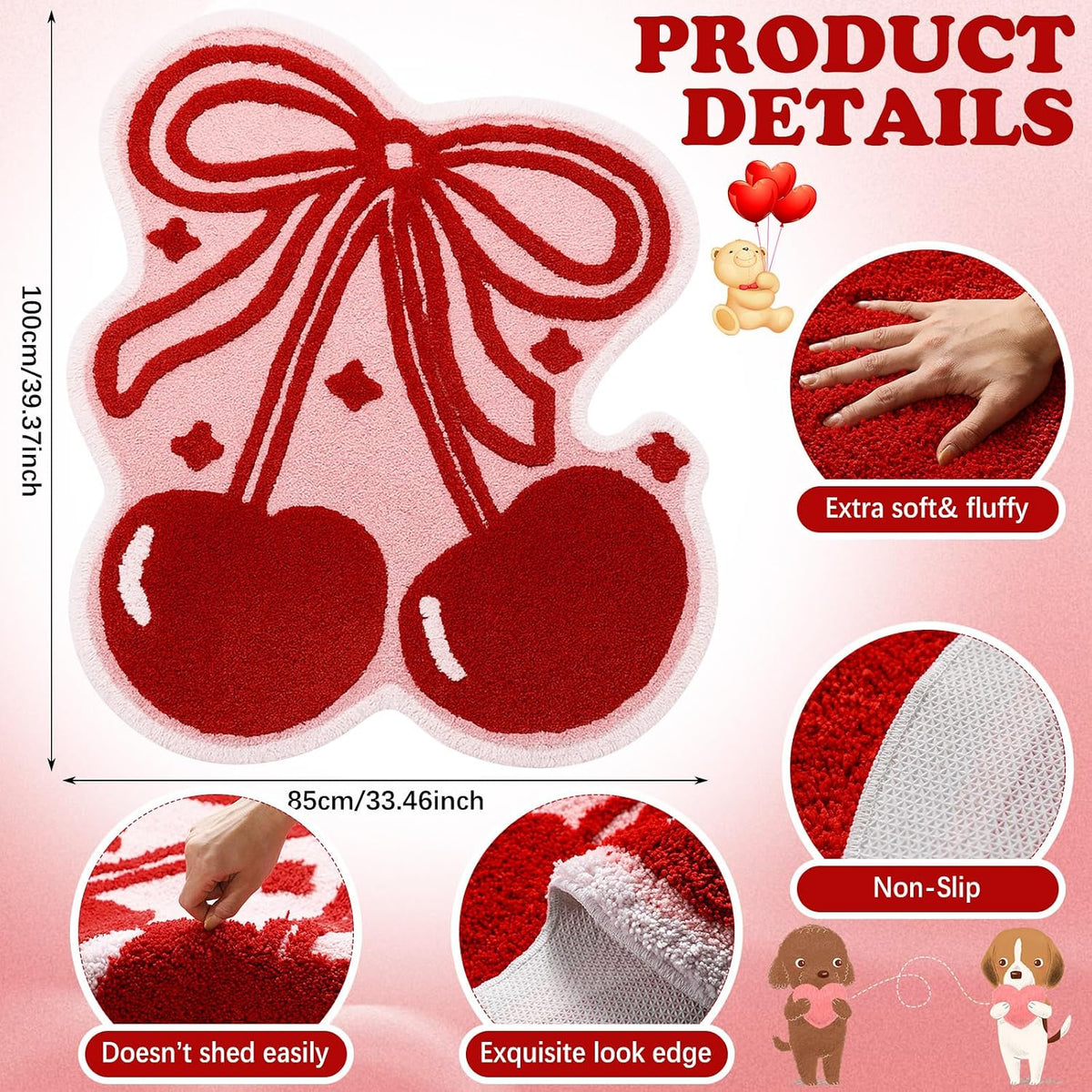 Bow and Cherry Bathroom Rug Bathroom Decor 40 x 34'' Cute Fruit Shaped Pink Bath Rug Soft Non Slip Absorbent Machine Washable Bath Mat for College Student Dorm Bedroom Living Room Home Decor
