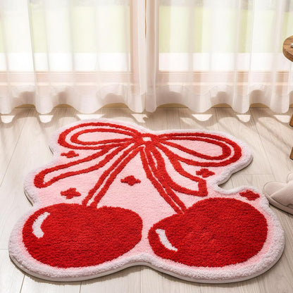 Bow and Cherry Bathroom Rug Bathroom Decor 40 x 34'' Cute Fruit Shaped Pink Bath Rug Soft Non Slip Absorbent Machine Washable Bath Mat for College Student Dorm Bedroom Living Room Home Decor