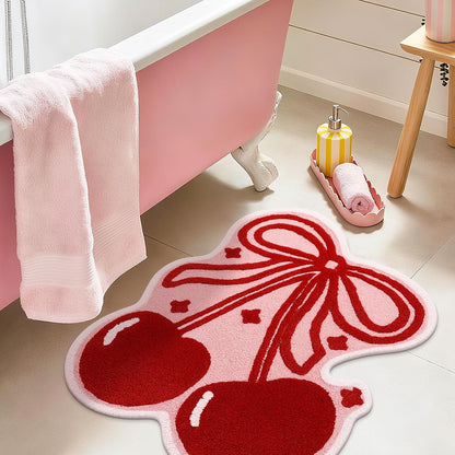Bow and Cherry Bathroom Rug Bathroom Decor 40 x 34'' Cute Fruit Shaped Pink Bath Rug Soft Non Slip Absorbent Machine Washable Bath Mat for College Student Dorm Bedroom Living Room Home Decor