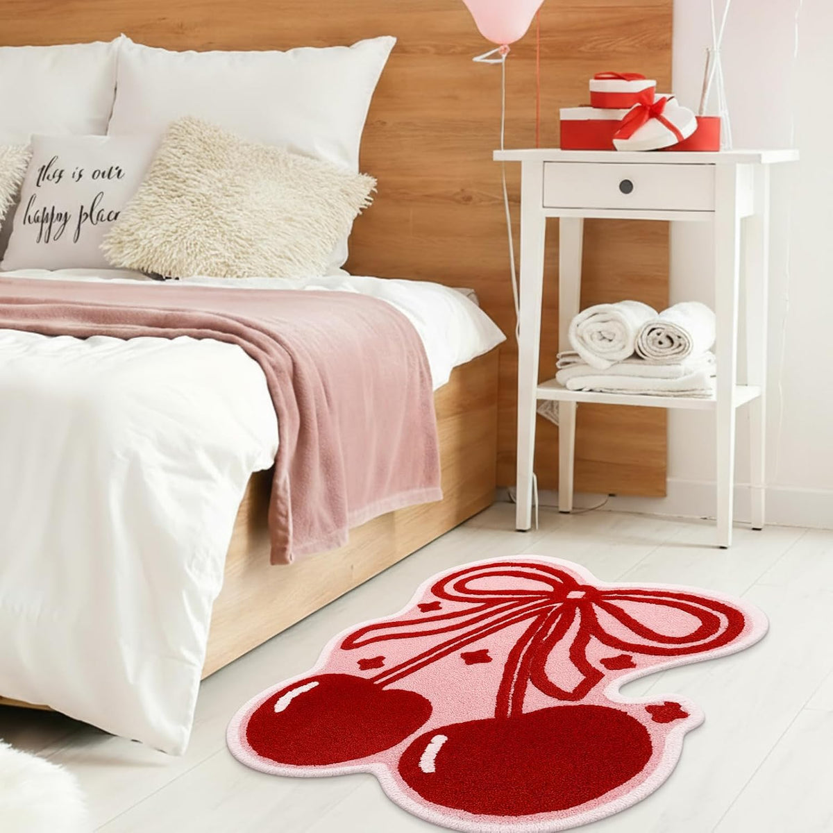 Bow and Cherry Bathroom Rug Bathroom Decor 40 x 34'' Cute Fruit Shaped Pink Bath Rug Soft Non Slip Absorbent Machine Washable Bath Mat for College Student Dorm Bedroom Living Room Home Decor