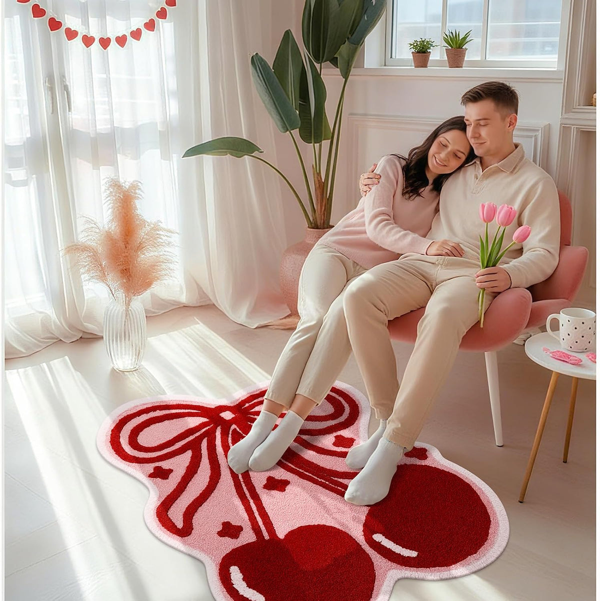 Bow and Cherry Bathroom Rug Bathroom Decor 40 x 34'' Cute Fruit Shaped Pink Bath Rug Soft Non Slip Absorbent Machine Washable Bath Mat for College Student Dorm Bedroom Living Room Home Decor