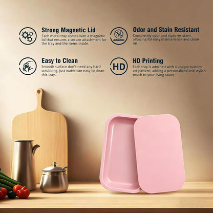 Metal Tray with PVC Soft Magnetic Lid Cover Large Cute Decorative Tray Serving Trays for Home Decor, Coffee Table, Tea, Snacks, Gifts - 11" x 7" (Pink)