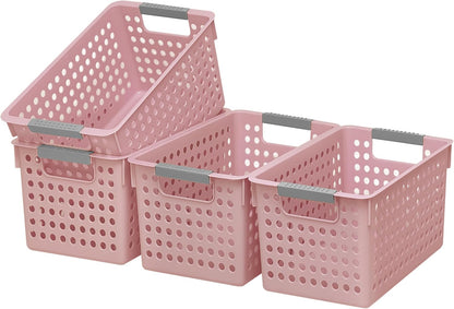 4 Pack Plastic Storage Basket with Handles, Small Deep Organizer Bin with Hollow Design for Under Counter, Shelf, Closet, Kitchen or Bathroom (Pink, Small)