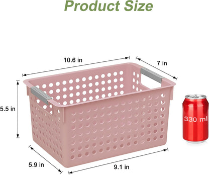 4 Pack Plastic Storage Basket with Handles, Small Deep Organizer Bin with Hollow Design for Under Counter, Shelf, Closet, Kitchen or Bathroom (Pink, Small)