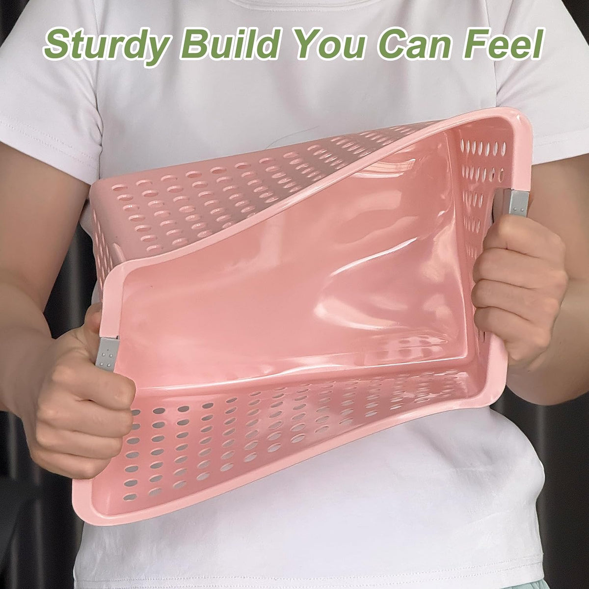 4 Pack Plastic Storage Basket with Handles, Small Deep Organizer Bin with Hollow Design for Under Counter, Shelf, Closet, Kitchen or Bathroom (Pink, Small)