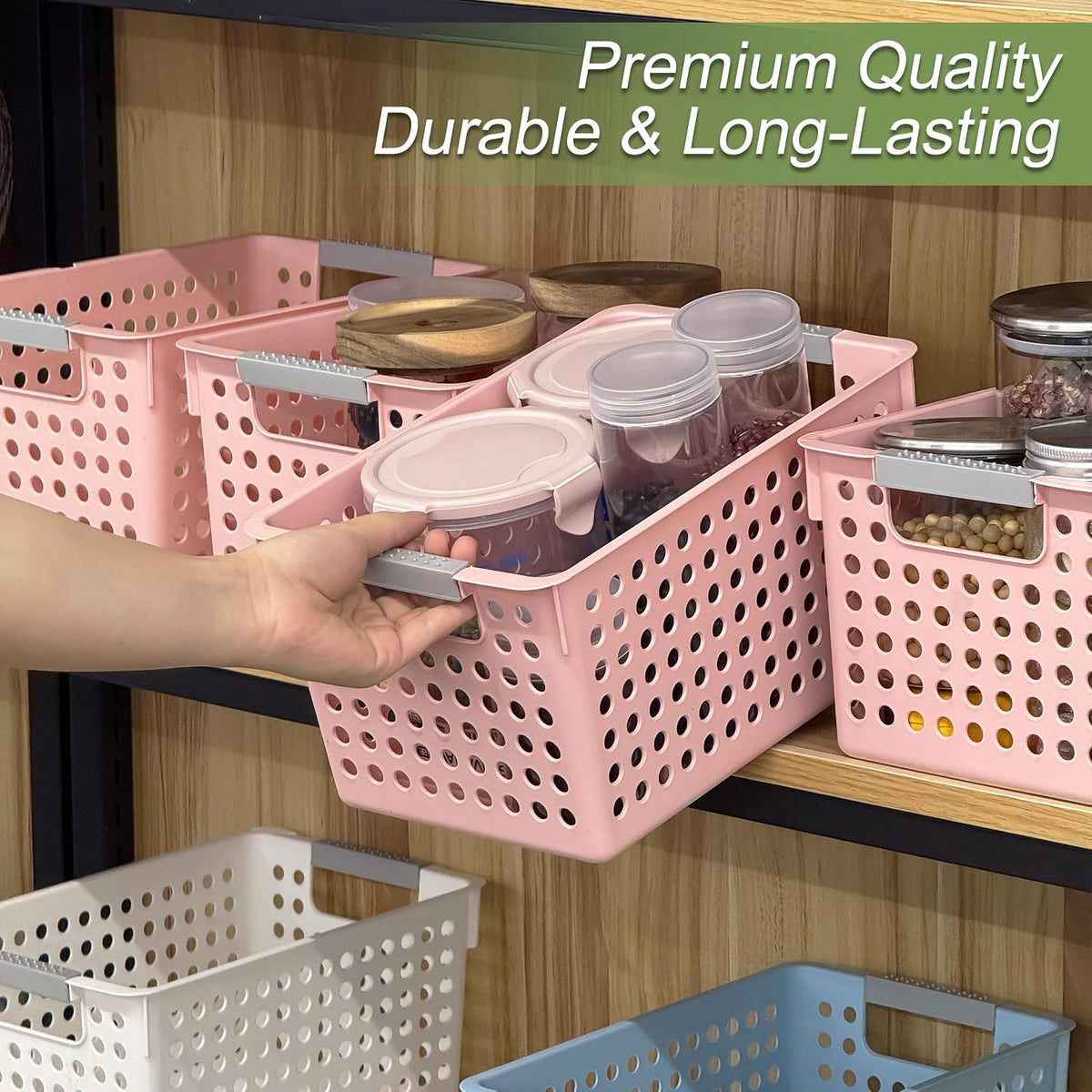 4 Pack Plastic Storage Basket with Handles, Small Deep Organizer Bin with Hollow Design for Under Counter, Shelf, Closet, Kitchen or Bathroom (Pink, Small)