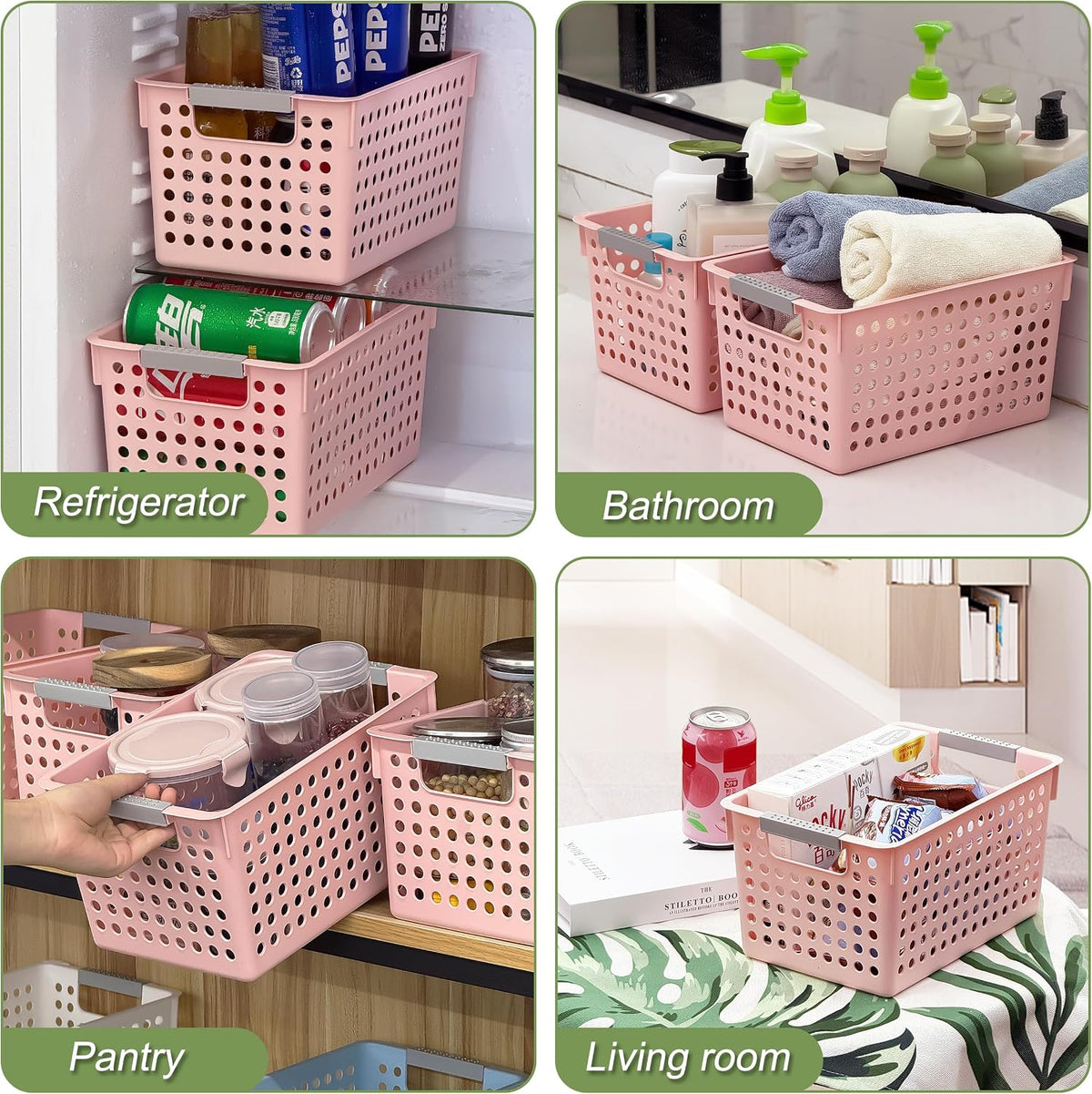 4 Pack Plastic Storage Basket with Handles, Small Deep Organizer Bin with Hollow Design for Under Counter, Shelf, Closet, Kitchen or Bathroom (Pink, Small)