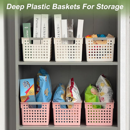 4 Pack Plastic Storage Basket with Handles, Small Deep Organizer Bin with Hollow Design for Under Counter, Shelf, Closet, Kitchen or Bathroom (Pink, Small)