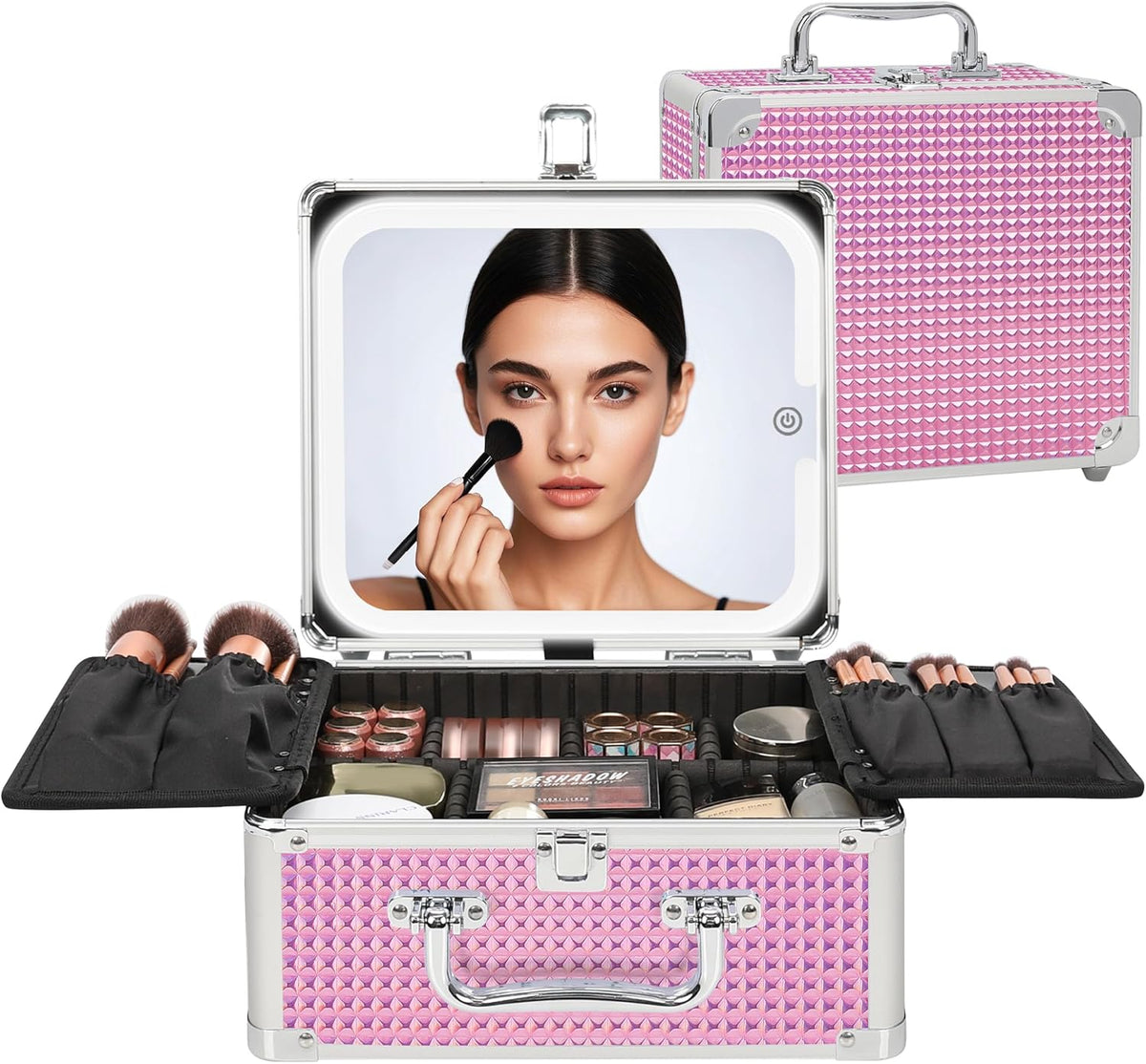 Makeup Bag with LED Mirror, Makeup Box Travel Train Case with Rechargeable Lighted Mirror, Cosmetic Brush Organizer Storage for Makeup Artists Gifts for Women and Girls, Pink