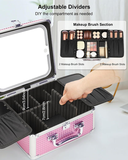 Makeup Bag with LED Mirror, Makeup Box Travel Train Case with Rechargeable Lighted Mirror, Cosmetic Brush Organizer Storage for Makeup Artists Gifts for Women and Girls, Pink