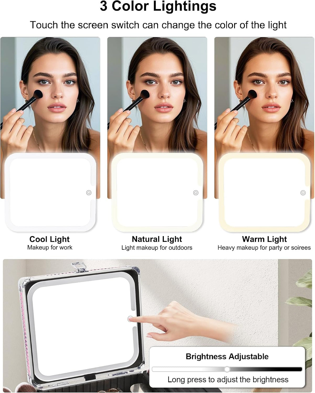Makeup Bag with LED Mirror, Makeup Box Travel Train Case with Rechargeable Lighted Mirror, Cosmetic Brush Organizer Storage for Makeup Artists Gifts for Women and Girls, Pink