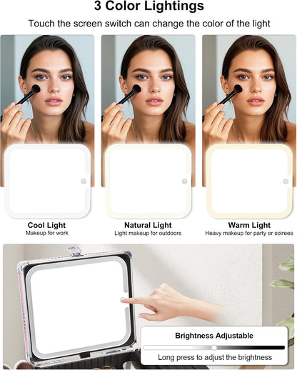 Makeup Bag with LED Mirror, Makeup Box Travel Train Case with Rechargeable Lighted Mirror, Cosmetic Brush Organizer Storage for Makeup Artists Gifts for Women and Girls, Pink