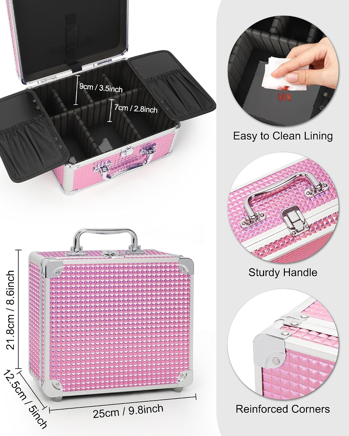 Makeup Bag with LED Mirror, Makeup Box Travel Train Case with Rechargeable Lighted Mirror, Cosmetic Brush Organizer Storage for Makeup Artists Gifts for Women and Girls, Pink