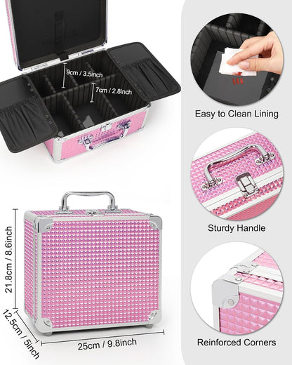 Makeup Bag with LED Mirror, Makeup Box Travel Train Case with Rechargeable Lighted Mirror, Cosmetic Brush Organizer Storage for Makeup Artists Gifts for Women and Girls, Pink