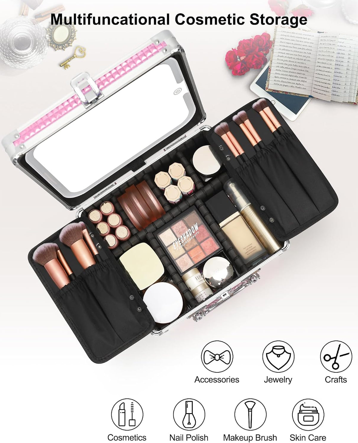 Makeup Bag with LED Mirror, Makeup Box Travel Train Case with Rechargeable Lighted Mirror, Cosmetic Brush Organizer Storage for Makeup Artists Gifts for Women and Girls, Pink