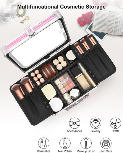 Makeup Bag with LED Mirror, Makeup Box Travel Train Case with Rechargeable Lighted Mirror, Cosmetic Brush Organizer Storage for Makeup Artists Gifts for Women and Girls, Pink