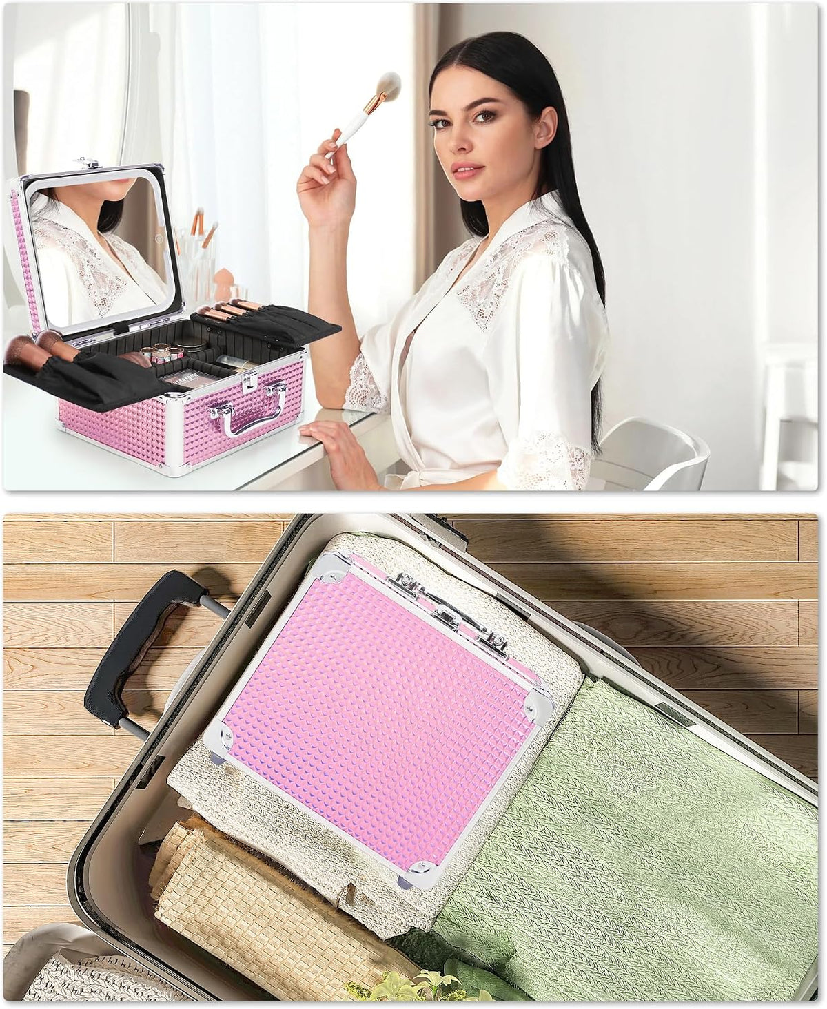 Makeup Bag with LED Mirror, Makeup Box Travel Train Case with Rechargeable Lighted Mirror, Cosmetic Brush Organizer Storage for Makeup Artists Gifts for Women and Girls, Pink