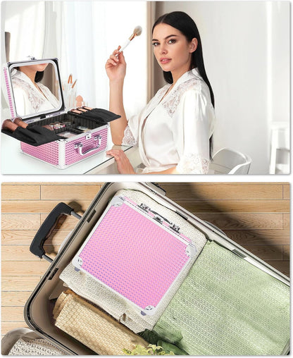 Makeup Bag with LED Mirror, Makeup Box Travel Train Case with Rechargeable Lighted Mirror, Cosmetic Brush Organizer Storage for Makeup Artists Gifts for Women and Girls, Pink