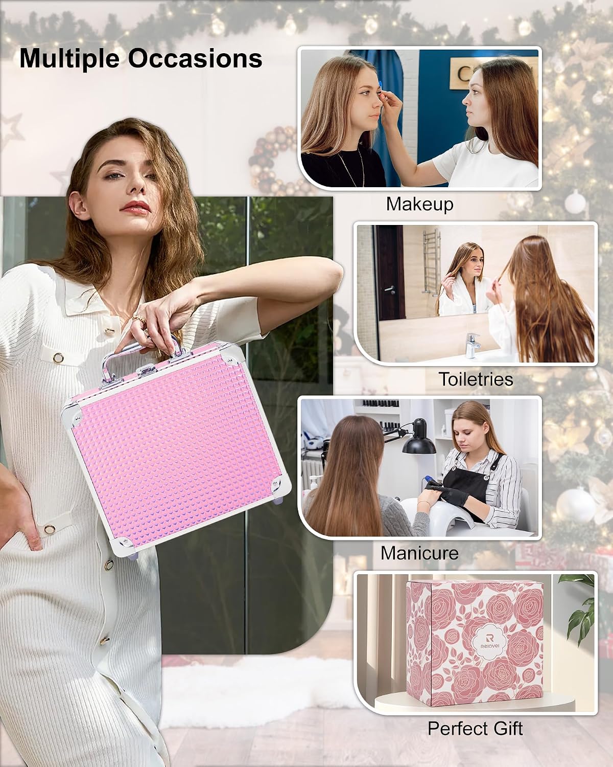 Makeup Bag with LED Mirror, Makeup Box Travel Train Case with Rechargeable Lighted Mirror, Cosmetic Brush Organizer Storage for Makeup Artists Gifts for Women and Girls, Pink