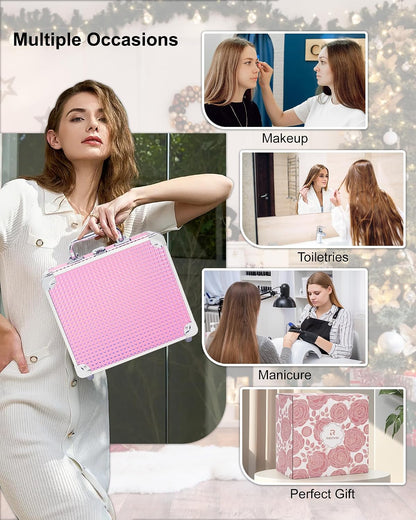 Makeup Bag with LED Mirror, Makeup Box Travel Train Case with Rechargeable Lighted Mirror, Cosmetic Brush Organizer Storage for Makeup Artists Gifts for Women and Girls, Pink