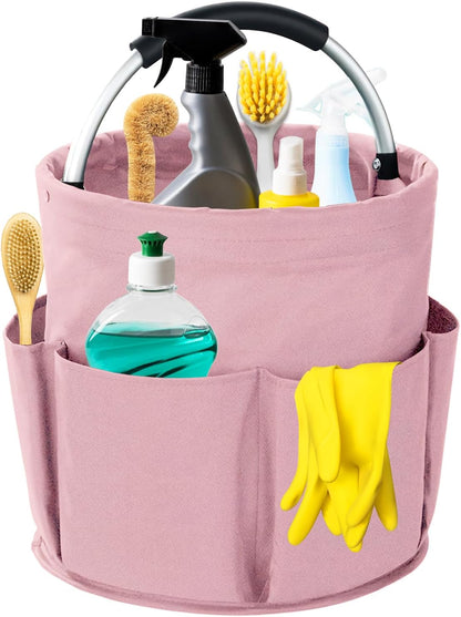 Cleaning Caddy with Handle, 17L Foldable Cleaning Supplies Organizer, Portable Storage Basket, Cleaning Supply Caddy, Multifunctional Cleaning Bucket Bag for Garden, Home, Kitchen (Pink)