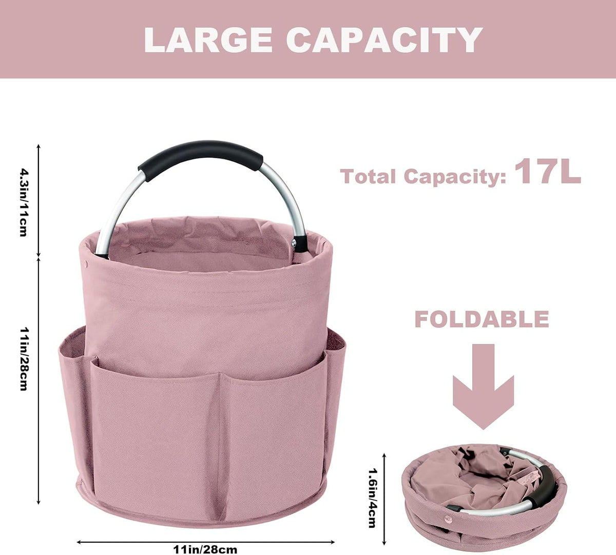 Cleaning Caddy with Handle, 17L Foldable Cleaning Supplies Organizer, Portable Storage Basket, Cleaning Supply Caddy, Multifunctional Cleaning Bucket Bag for Garden, Home, Kitchen (Pink)