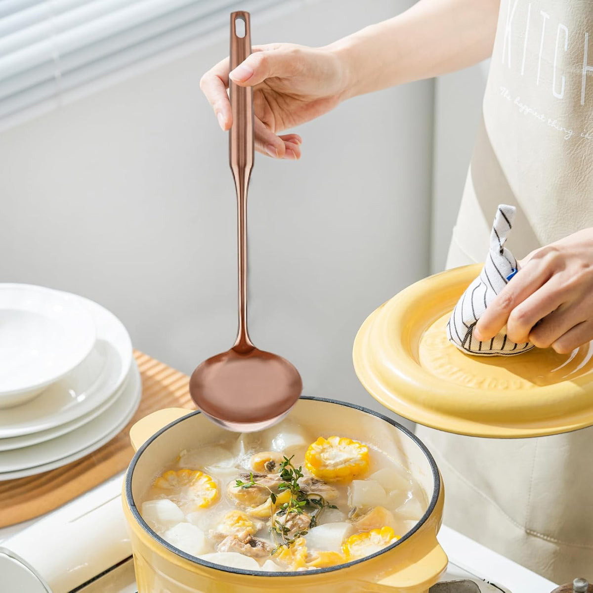 Ladle and Metal Spatula, Soup Spoon and Wok Spatula For Cooking/Serving (soup ladle-Rose Gold)