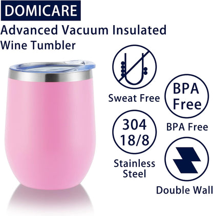 DOMICARE Stainless Steel Wine Tumbler Bulk with Lid, Personalized Insulated Tumblers Set, 12oz Travel Coffee Cups Pack of 4, Pink