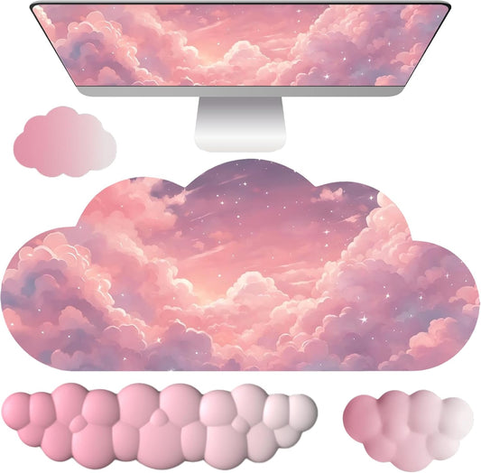 Cloud Mouse Pad Keyboard Wrist Rest for Mouse 4PCS Extended Large Galaxy Space Desk Mat Pad Set Memory Foam Non-Slip Cute Ergonomic Game Mouse Wrist Support for Computer Home Office Pink Starry Sky