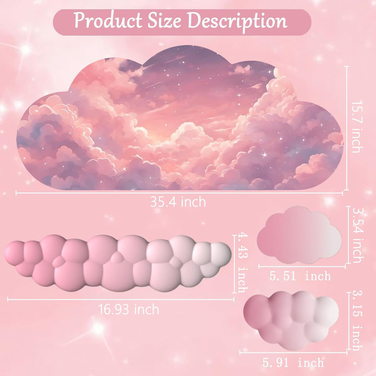 Cloud Mouse Pad Keyboard Wrist Rest for Mouse 4PCS Extended Large Galaxy Space Desk Mat Pad Set Memory Foam Non-Slip Cute Ergonomic Game Mouse Wrist Support for Computer Home Office Pink Starry Sky