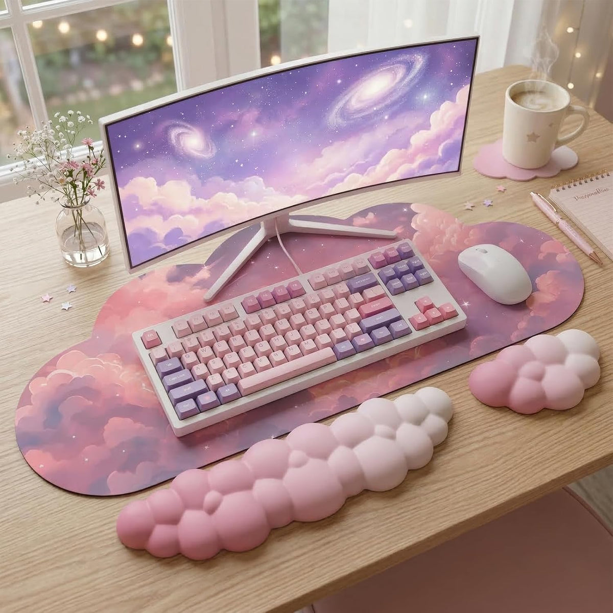 Cloud Mouse Pad Keyboard Wrist Rest for Mouse 4PCS Extended Large Galaxy Space Desk Mat Pad Set Memory Foam Non-Slip Cute Ergonomic Game Mouse Wrist Support for Computer Home Office Pink Starry Sky