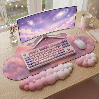 Cloud Mouse Pad Keyboard Wrist Rest for Mouse 4PCS Extended Large Galaxy Space Desk Mat Pad Set Memory Foam Non-Slip Cute Ergonomic Game Mouse Wrist Support for Computer Home Office Pink Starry Sky