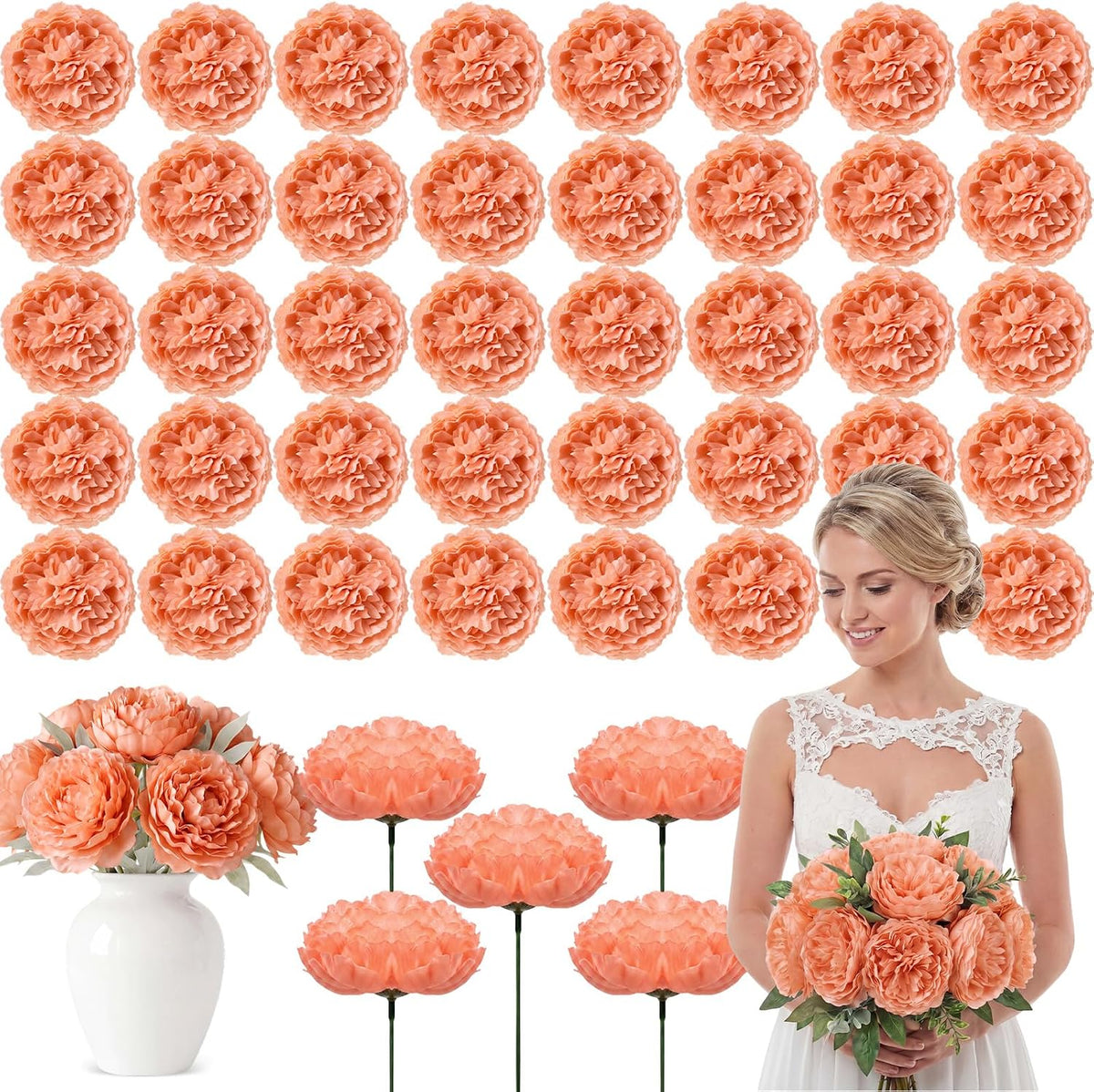 Artificial Peony Rose Flowers Heads 4.7 Inches Silk Fake Peony Head Flowers for Wedding Bridal Bouquet Home Floral DIY Centerpieces Tables Party Decorations(Peach,50 Pcs)