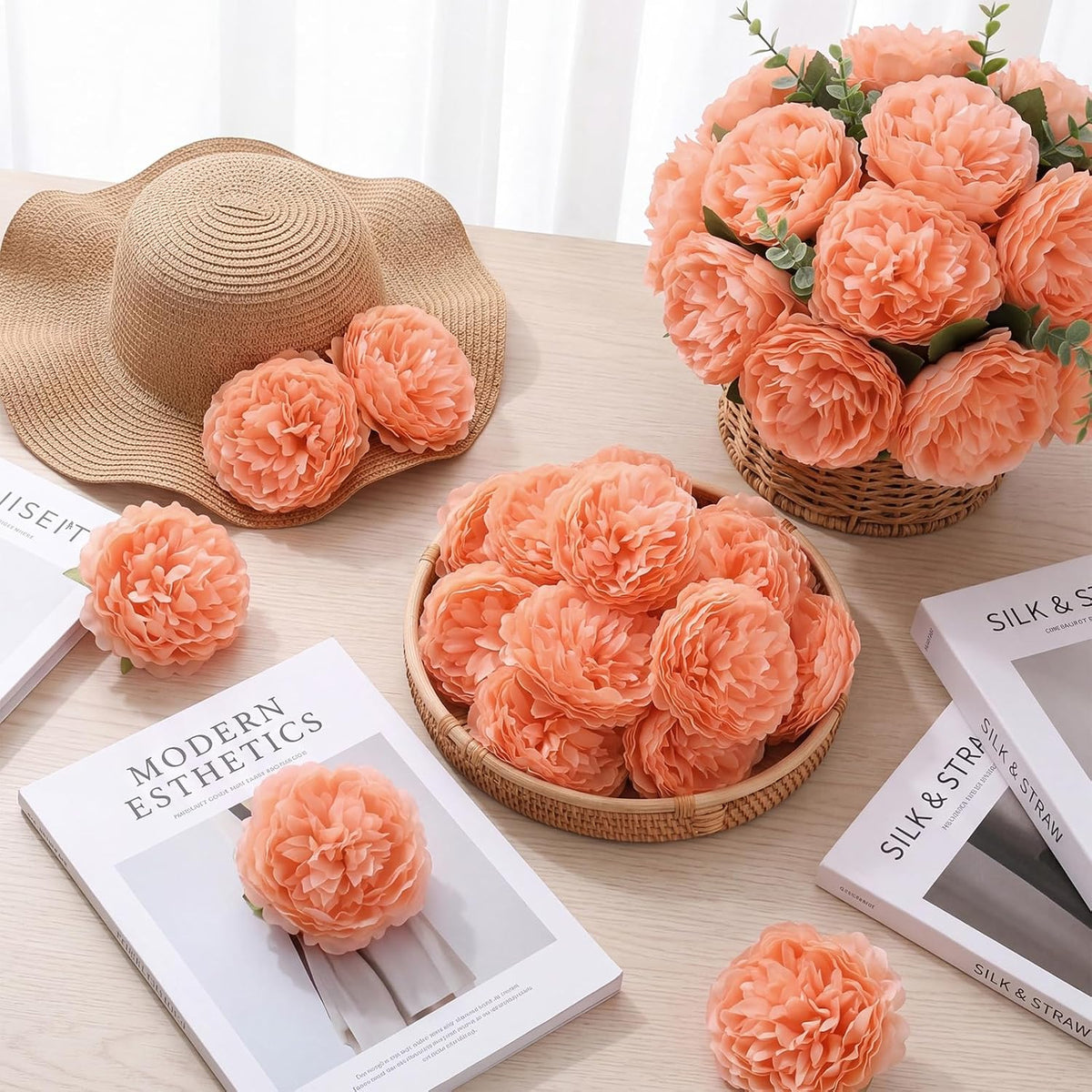 Artificial Peony Rose Flowers Heads 4.7 Inches Silk Fake Peony Head Flowers for Wedding Bridal Bouquet Home Floral DIY Centerpieces Tables Party Decorations(Peach,50 Pcs)