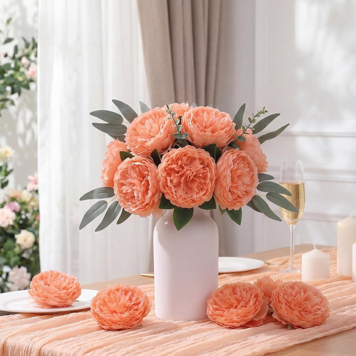 Artificial Peony Rose Flowers Heads 4.7 Inches Silk Fake Peony Head Flowers for Wedding Bridal Bouquet Home Floral DIY Centerpieces Tables Party Decorations(Peach,50 Pcs)