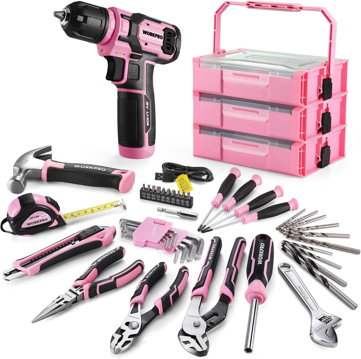 8V Power Drill, Pink Tool Kit Set for Women, Cordless Drill Driver