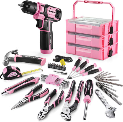 8V Power Drill, Pink Tool Kit Set for Women, Cordless Drill Driver