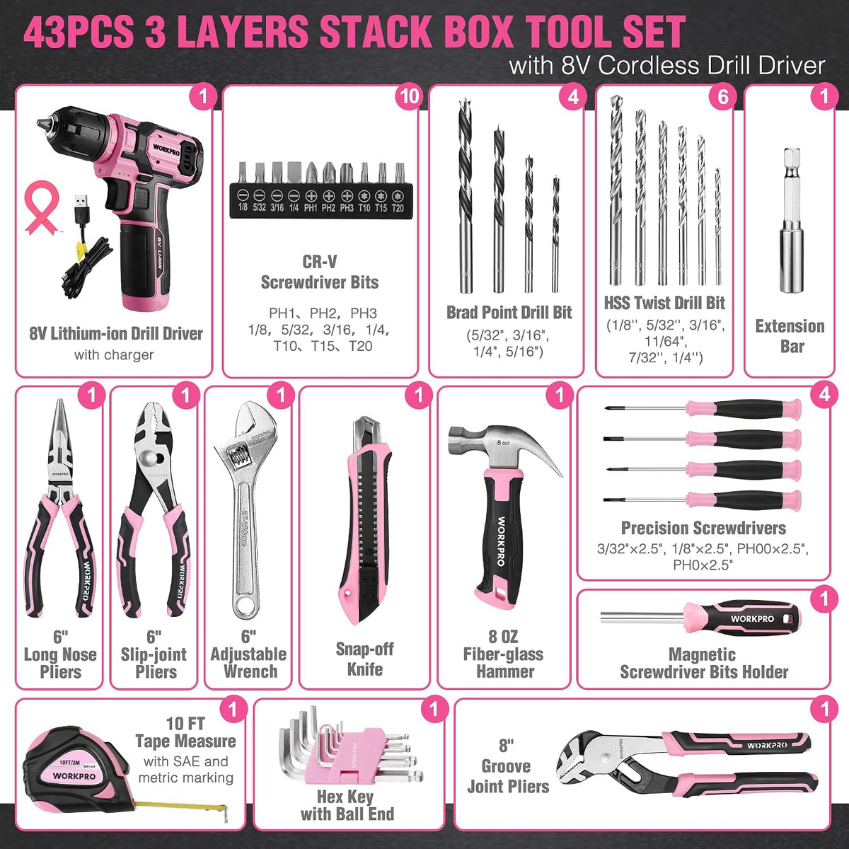 8V Power Drill, Pink Tool Kit Set for Women, Cordless Drill Driver