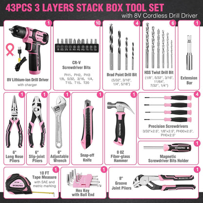 8V Power Drill, Pink Tool Kit Set for Women, Cordless Drill Driver