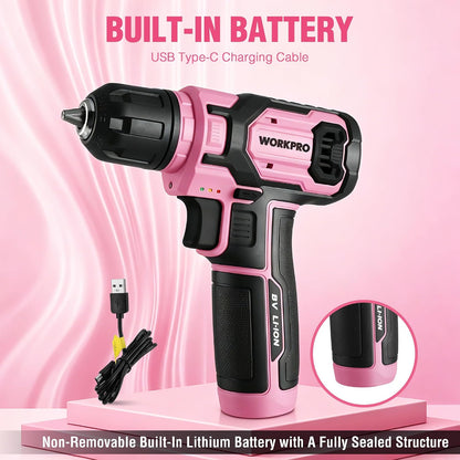 8V Power Drill, Pink Tool Kit Set for Women, Cordless Drill Driver