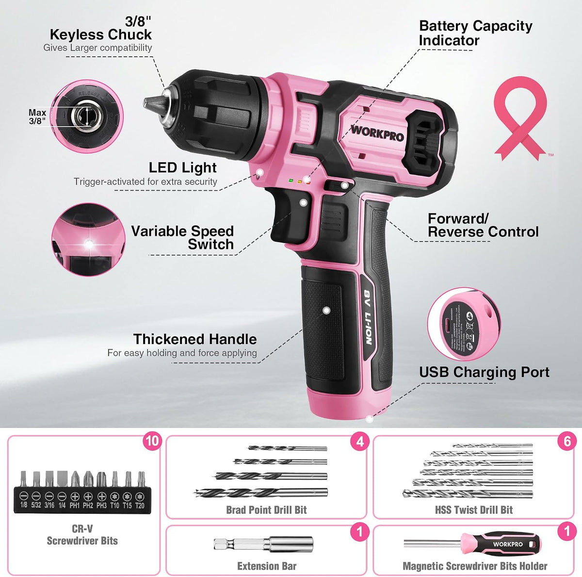 8V Power Drill, Pink Tool Kit Set for Women, Cordless Drill Driver